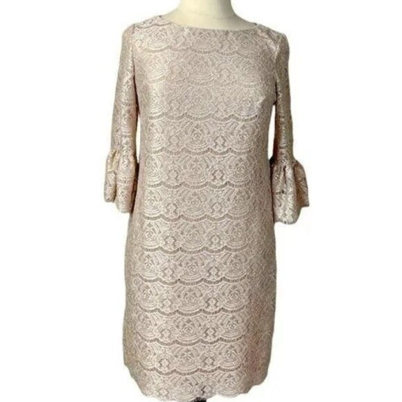 Cocktail Dress Lace Sheath Dress Jessica Howard Bell Sleeves Lt Beige Sz 8 - Picture 2 of 6
